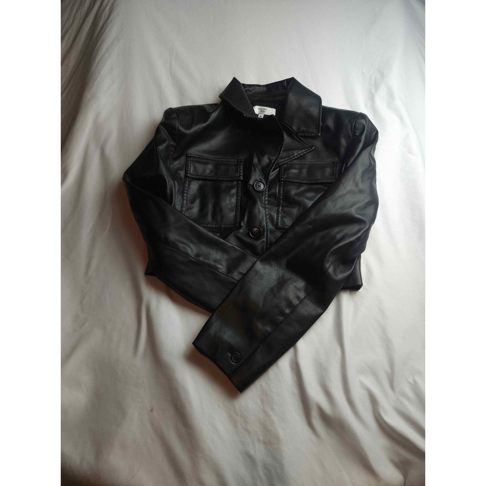 Saunders Black Faux Leather Cropped Jacket Button Front Chest Pockets Womens 4